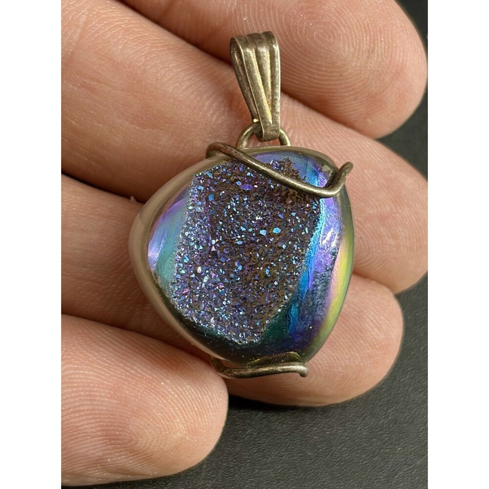 Rainbow Aura Titanium Druzy Quartz Pendant Wire Wrapped Artisan Crystal Pendant